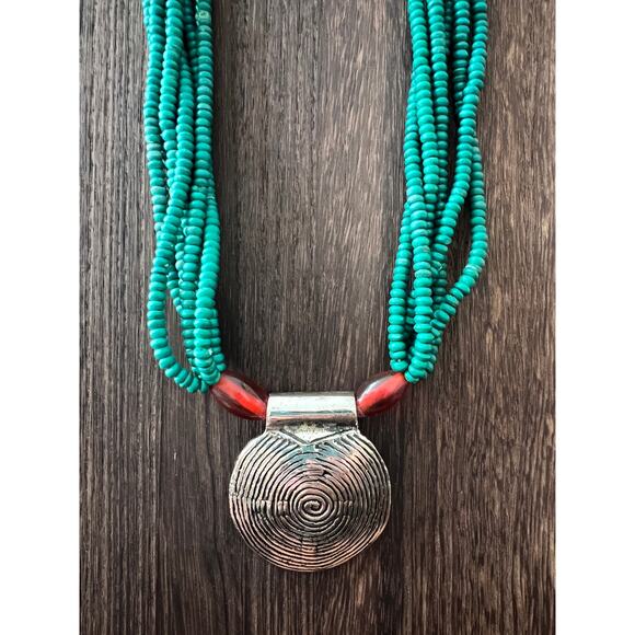 Tribal Turquoise Bead Necklace w/ Spiral Pendant & Carnelian Accents 22” - Picture 1 of 10